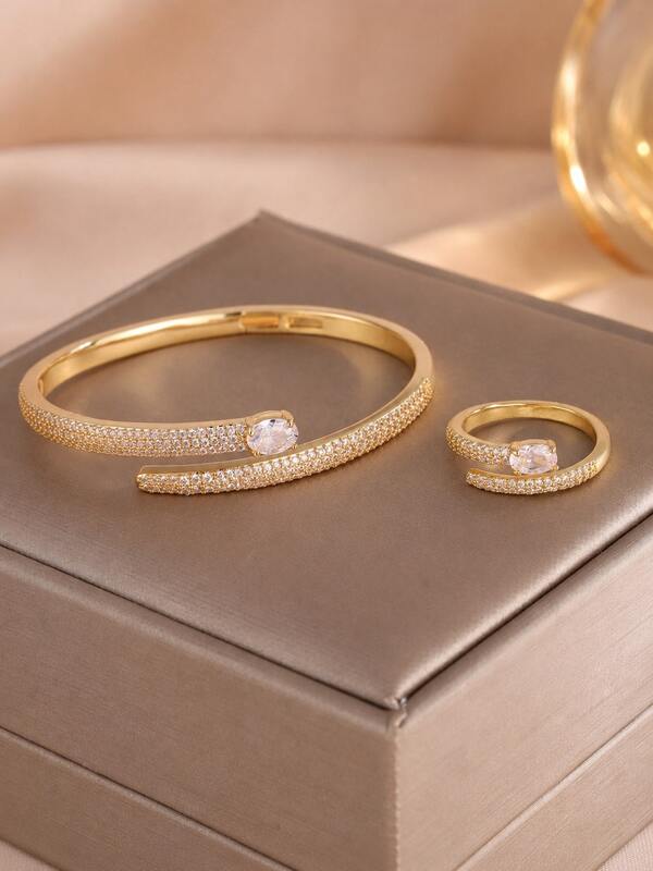 rakol 2pcs Fashion Minimalist Cubic Zirconia Pave Open Ring & Bracelet Set, 18K Gold Color, Suitable For Women's Daily Commute And Business Wear