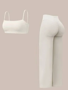 TimeOff Women's One Set Solid Color Spaghetti Strap Backless Bra High Waist Tummy Control Wide Leg Pants Sports Set - Apricot - View 5