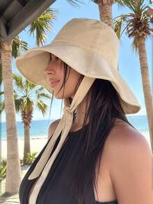 1件女款純色長緞帶寬邊軟頂水桶帽，防曬防風休閒戶外沙灘日常度假帽 - 大帽簷漁夫帽 - 查看 2