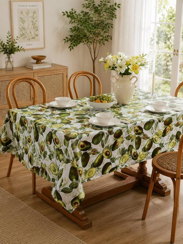 1pc Avocado Leaf Print PVC Composite Non-Woven Fabric Tablecloth, Waterproof Oil-Resistant Easy To Clean Rectangular Tablecloth, Fresh Farmhouse Style Dining Tablecloth, Suitable For Restaurant Kitchen Cafe Picnic Birthday Party Buffet Patio Gathering