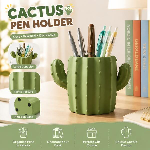 Cactus Pen Holder, Cute 3D Cactus Shaped Desktop Storage Box, Creative Large Capacity Pencil Cup, Decorative Desktop Container, Suitable For Pens, Pencils And Makeup Brushes, Office And School Supplies Gift