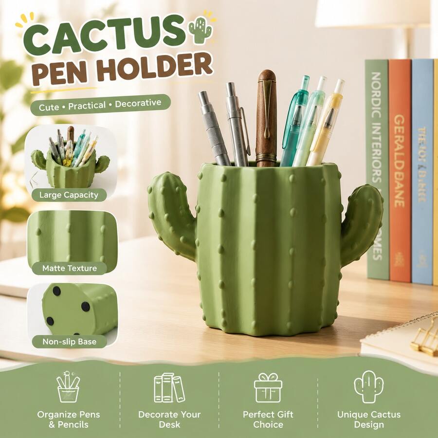 Cactus Pen Holder, Cute 3D Cactus Shaped Desktop Storage Box, Creative Large Capacity Pencil Cup, Decorative Desktop Container, Suitable For Pens, Pencils And Makeup Brushes, Office And School Supplies Gift