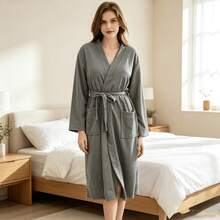 1pc Women's 100% Cotton Waffle Knit Kimono Robe, Soft Absorbent Unisex Bathrobe, Suitable For Home, Spa, Hotel Leisure, Valentine's Day Gift - White - View 5
