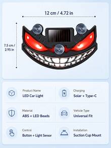 Luz LED de Ojo de Diablo para Ventana de Coche Alimentada por Energía Solar, Nuevo Ojo de Coche LED Dinámico 2026, Luz de Atmósfera Dinámica para Parabrisas de Ojo de Diablo, Con Sensor de Vibración y Luz, Recargable por USB-C, 5 Modos, Instalación con Ventosa - condujo - Ver 9