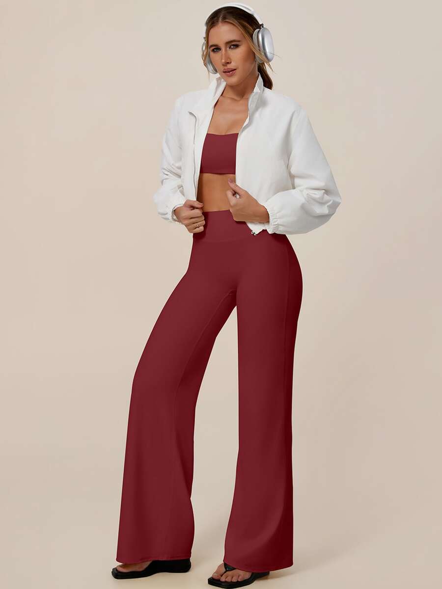 TimeOff Women's One Set Solid Color Spaghetti Strap Back Bra High Waist Tummy Control Wide Leg Pants Sports Set - Red - View 1
