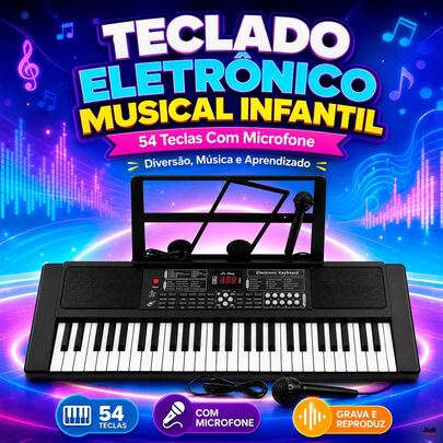 Teclado Musical para Crianças com 54 Teclas 100 Tons e Acompanhamentos Automáticos