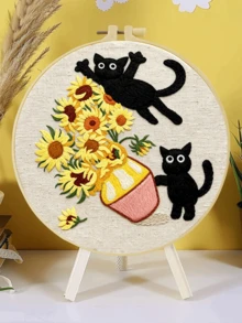成人初學者刺繡套件,趣味貓咪圖案,含布料、逐步教學指南、繡框、針與線,適合感恩節/聖誕節送禮,居家、花園或辦公室裝飾,20x20cm/7.9in - A - 查看 8