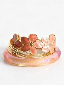 3pcs Vintage Vibrant Enamel Floral Stainless Steel Gold Elegant Floral Bracelet Set, High Street Fashion Resin Translucent Bright Summer Mix & Match Jewelry, Elegant Enamel Open Bangle Bold Aesthetic Accessory Stackable - Flower Set - View 14
