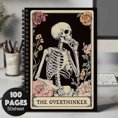 1pc A5 Size Gothic Overthinking Spiral Notebook, Gothic Journal, Floral Skull Pattern Notebook, Suitable For Men And Women Gifts, Gothic Style School And Office Supplies, Soft Cover Paper Back To School Supplies