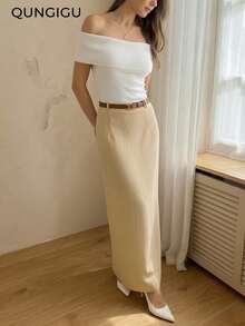 QUNGIGU Women's Solid Basic Slit Casual Comfy Stylish High Waist A-Line Long Skirt - Khaki - View 3
