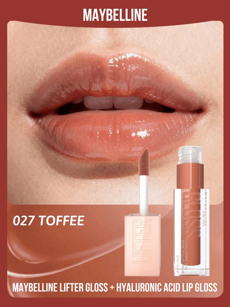 Maybelline Plumping Lip Gloss + Hyaluronic Acid Lip Gloss, 005 Petal Color, High Gloss Plumping Effect, Enhances Lip Fullness, Long-Lasting Shine, Long-Lasting Moisturizing, Lifts Lip Shape, Powerful Gloss, Long-Lasting Moisturizing - 027 Toffee - View 1