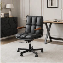 Home Office Desk Chair, Ergonomic Leather Computer Chair With Wheels And Oak Armrests, Height-Adjustable Swivel Executive Chair WL - 黑色+PU皮革 - 查看 9