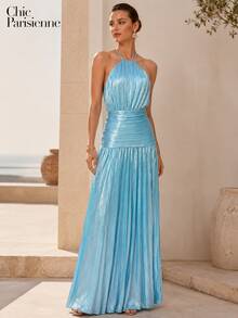 Lagoon Blue Metallic Plissé Halter Maxi Dress - 湖藍色 - 查看 3