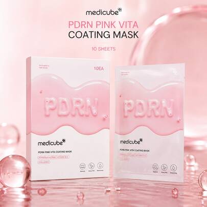 Medicube PDRN Pink Vita Coating Mask 10PCS Korean Collagen Sheet Mask, Salmon DNA PDRN, Vitamin B12, Deep Hydration, Brightening, Glass Skin, Elasticity & Moisturizing Facial Mask