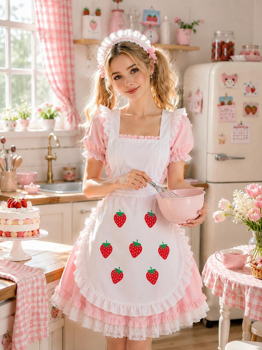 Cute Women's Long Strawberry Print Maid Apron With Shoulder Straps, Ruffle Lolita Kitchen Apron For Cooking, Baking, Housework And Cosplay - Multicolor - View 1