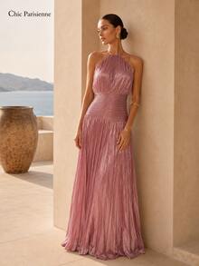 Dusty Rose Metallic Plissé Halter Maxi Dress - 重量 - 查看 7