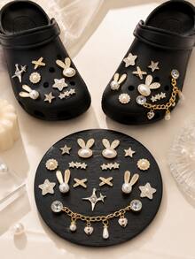 16PCS Gold Bunny Star Shoe Charms Set, Pearl Rhinestone Chain DIY Decoration Accessories, Cute Elegant ABS Charms For Clogs Sandals Shoes, Women Girls - Gold - View 1