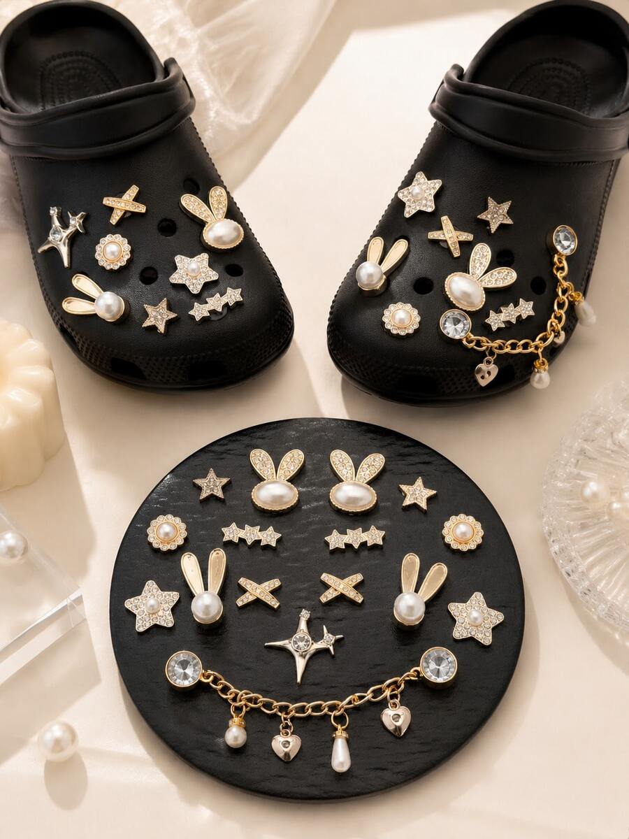 16PCS Gold Bunny Star Shoe Charms Set, Pearl Rhinestone Chain DIY Decoration Accessories, Cute Elegant ABS Charms For Clogs Sandals Shoes, Women Girls - Gold - View 1