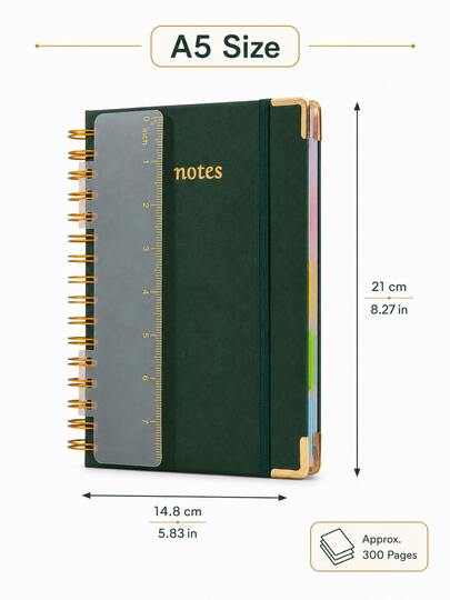 A5 螺旋筆記本（附尺）－硬殼封面、100gsm 厚紙、復古風格、橫線頁、粉色人造皮革封面；適用於工作、學業規劃（國小、國中及大學階段）、日常記錄與日記