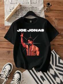 Joe Jonas Neon Light Stage Peace Sign Live Concert Portrait Tee. - 黑色 - 查看 1