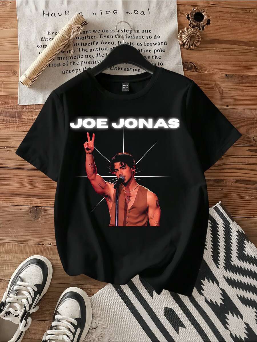 Joe Jonas Neon Light Stage Peace Sign Live Concert Portrait Tee. - 黑色 - 查看 1