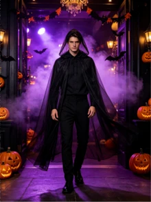 Halloween Cool Dark Style Long Hooded Cloak, Lightweight Mesh Material, Unisex; Classic Witch Cape, Suitable For Horror Theme Party, Cosplay, Bar Decor, Halloween Role Play - Multicolor - View 4
