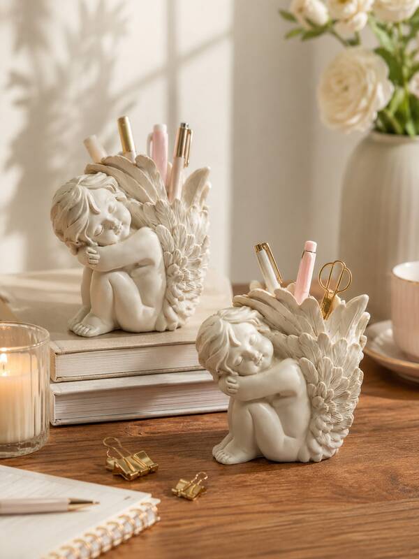 Angel Pencil Holder, Sleeping Cherub Resin Desk Organizer With Detailed Wings, Cute Pen Cup For Pencils, Makeup Brushes, Markers And Small Stationery, Office Desk, Bedroom, Study Room, Classroom, Dorm And Housewarming Gift