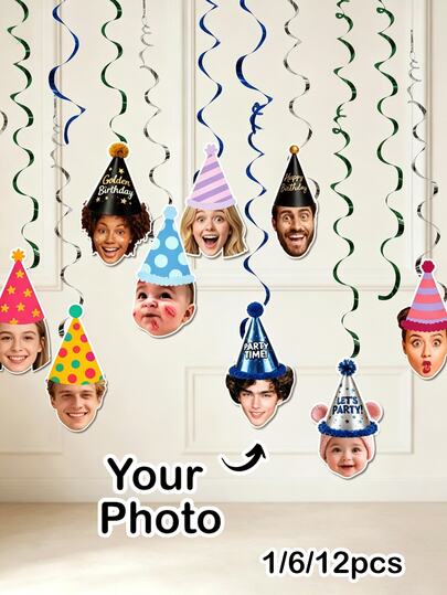 Personalized Photo Spiral Hanging Decor, Customized Face Birthday Hanging Decor, Customized Party Ceiling Spiral Decor, Photo Face Hollow Party Decoration, Birthday Party Supplies Home Celebration, Anniversary, Customized Party Decoration, 1/6/12pcs