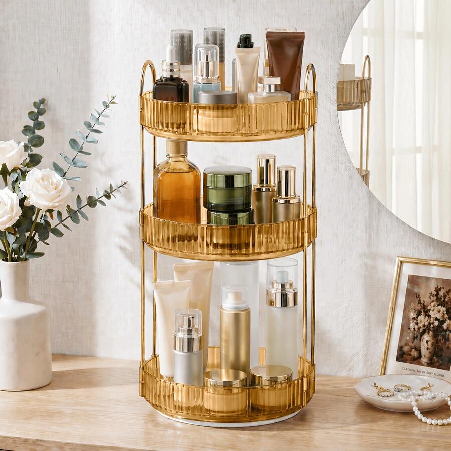 AXOSY-360 Rotating Makeup Organizer Countertop 3 Tier Bathroom Organizer Spinning Perfume Organizers, Skincare Organizers Makeup Carousel Cosmetic Brush Storage For Vanity, Countertop - 棕色 - 查看 1