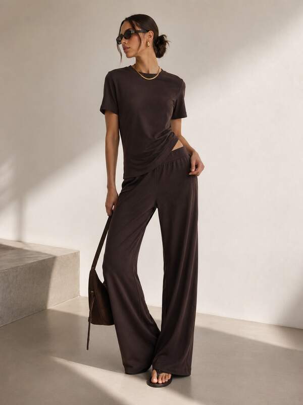 Women's Modal Fabric Short Sleeve Belted Jumpsuit, Crew Neck Wide Leg One Piece Outfit, Relaxed Fit Casual Everyday Wear