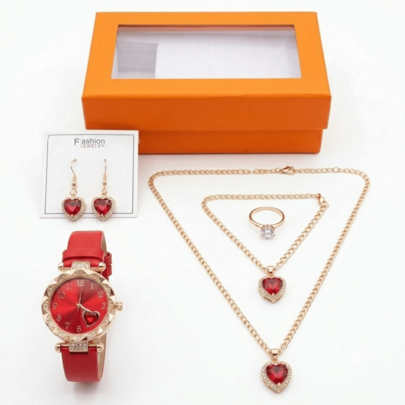 Set 6pz Reloj Mujer + Joyería Corazón Verde Oro Rosa  Caja Regalo - Accesorios Dama Elegante para San Valentín, Fiesta y Oficina