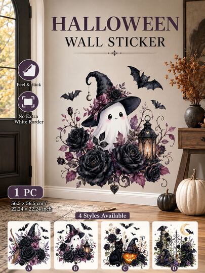 SUPSTICKER 1PC Gothic Floral Halloween Wall Sticker, Removable Transparent Decal For Living Room, Entryway And Halloween Party Decor, 4 Styles
