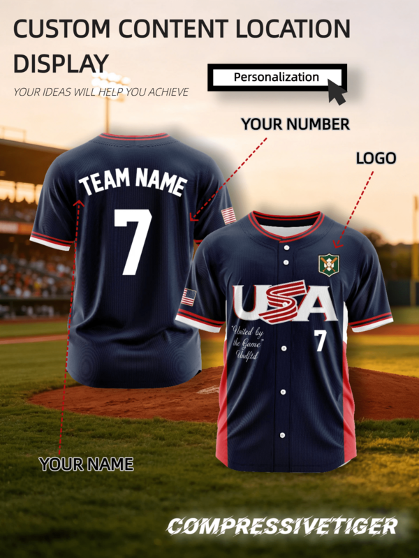 2026 Navy Blue & Red American USA Short Sleeve Baseball Cardigan, Full-Garment Multi-Zone Personalized Customization, Replaceable Custom Team Name On Chest, Interchangeable Number, Add Your Own Brand Logo On Chest, Print Exclusive Name & Number On Back, Soft Breathable Sports Fabric, Loose Button-Up Fit, Suitable For Team Games, Fan Memorabilia, Group Events, Customizable Text & Graphic Design, Create Your Unique Baseball Jersey