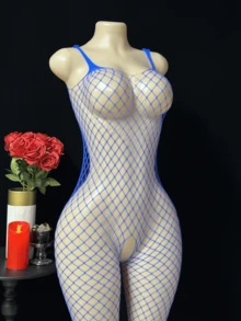 女款性感魚網開襠連身衣，優雅鏤空設計，高彈性，可手洗，親密之夜內衣 - 藍色 - 查看 2