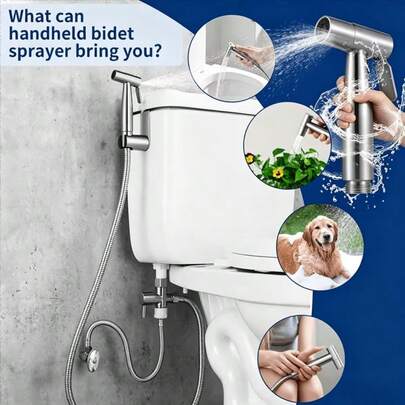 Stainless Steel Handheld Bidet Sprayer With Flexible Metal Hose, Suitable For Bathroom Cleaning, Toilet Flushing, Floor Cleaning And Pet Bathing