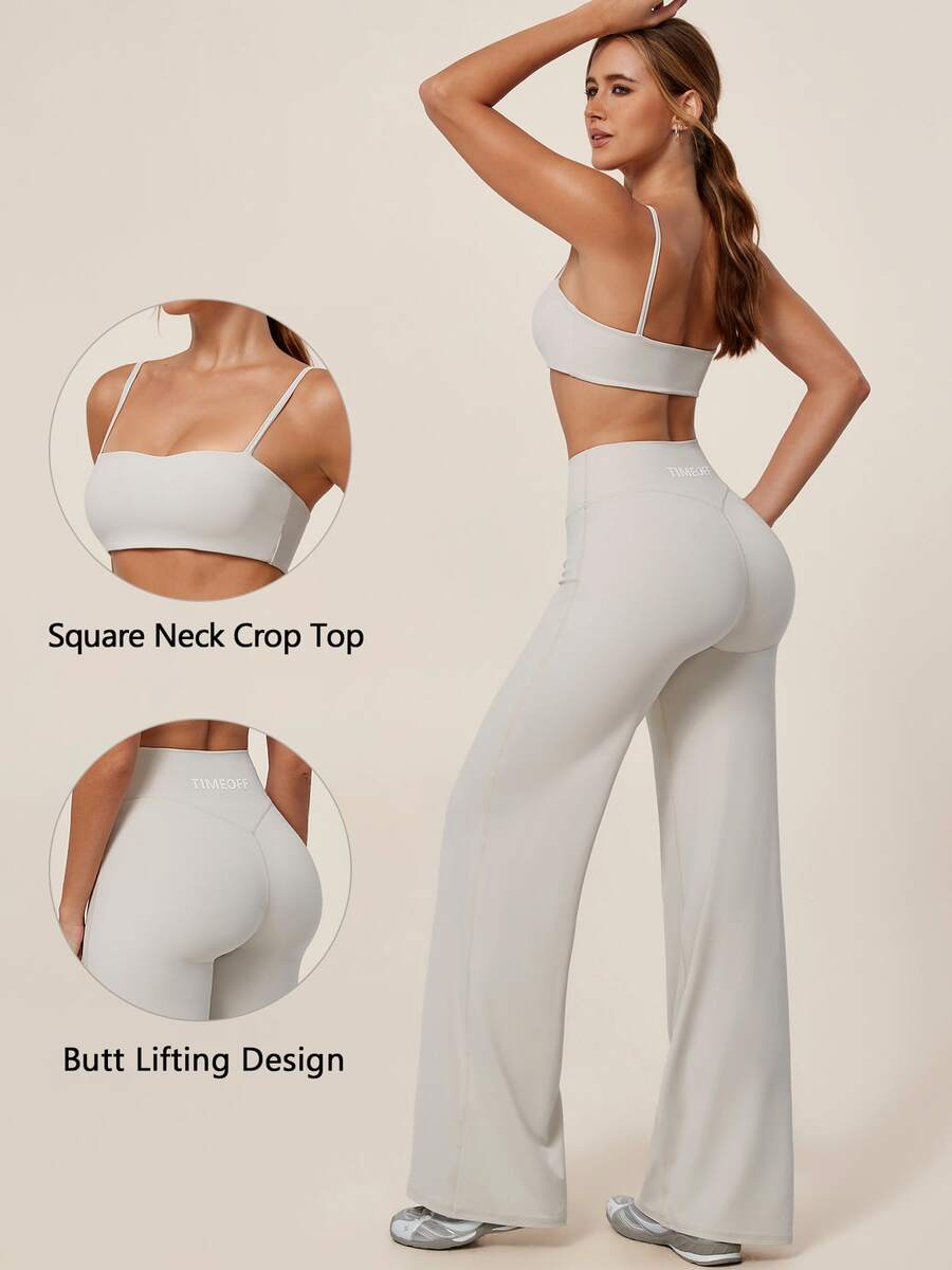 TimeOff Women's One Set Solid Color Spaghetti Strap Backless Bra High Waist Tummy Control Wide Leg Pants Sports Set - Apricot - View 1