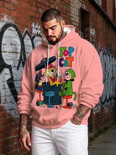 Men's Plus Size Casual Hoodie Sweatshirt, Polyester Knit Fabric, Comfortable And Breathable, Fashionable Casual Cute Funny "Trash Can TOP CAT" Graphic, Streetwear Loose Fit Top, Unique Fresh Series