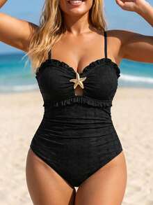 Plus Size Black Floral Jacquard Textured Spaghetti Strap One-Piece Swimsuit, Ruffle Hollow Out With Starfish Decor, Suitable For Summer Beach, Pool Party, Vacation, Back To School - Black - View 7