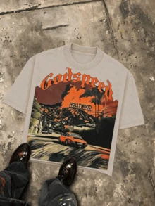Holly Wood Hills Orange Sunset Distressed West Coast Hip Hop Tee, Oversized 180g Breathable Cotton, Summer Beach Outfit For Men - 杏色 - 查看 10