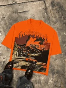 Holly Wood Hills Orange Sunset Distressed Millenium Cyber Tee, Oversized 180g Premium Cotton, Weekend Drive Aesthetic For Men - 橘色 - 查看 11