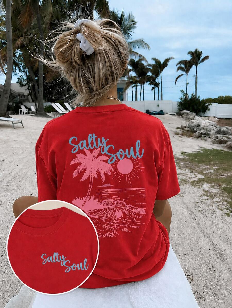Women's Red Salty Soul Palm Tree Graphic T-Shirt, Oversized Short Sleeve Tee, Vacation Outfits Women, Back To School Clothes, Fall Casual Top - 紅色 - 查看 1