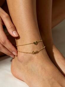 MECYLIFE 1 buah Gelang Kaki Dua Lapis Bentuk Hati LOVE dari Stainless Steel Elegan dan Halus untuk Wanita, Cocok untuk Pemakaian Sehari-hari - Gelang kaki CINTA - View 2