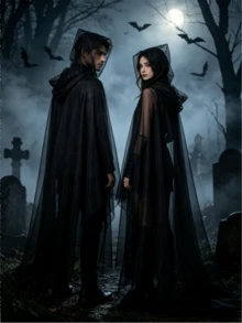 Halloween Cool Dark Style Long Hooded Cloak, Lightweight Mesh Material, Unisex; Classic Witch Cape, Suitable For Horror Theme Party, Cosplay, Bar Decor, Halloween Role Play - Multicolor - View 6