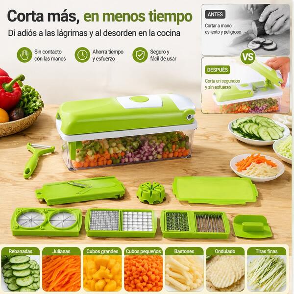 Herramienta de Cocina Cortadora 14 en 1 con Recipiente Irrompible para Guardar Todas las Cuchillas, Diseño Reducido sin Ocupar Lugar, Fácil Limpieza para Preparar Ensaladas y Comidas Diarias