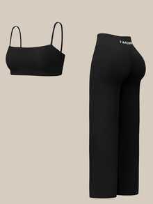 TimeOff Women's One Set Solid Color Spaghetti Strap Backless Bra High Waist Tummy Control Wide Leg Pants Sports Set - Black - View 5
