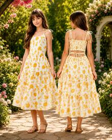 Vestido Infantil Floral Alcinha de Amarrar Menina Juvenil Rodado - Amarelo - Visão 2