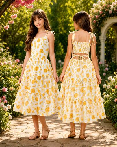 Vestido Infantil Floral Alcinha de Amarrar Menina Juvenil Rodado