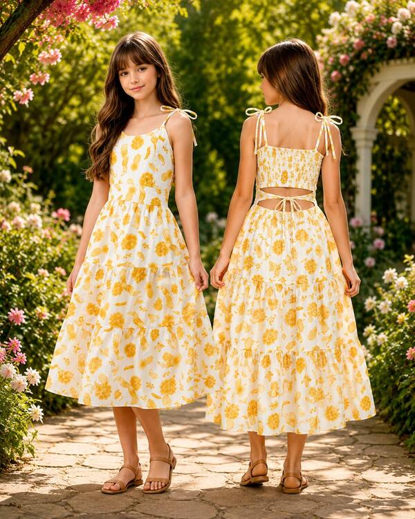 Vestido Infantil Floral Alcinha de Amarrar Menina Juvenil Rodado