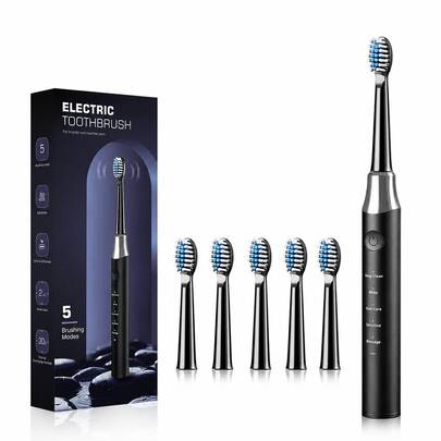 Black And White Electric Toothbrush With Timed Function, Fully Automatic Electric Toothbrush, 5 Modes (Deep Cleaning, Whitening, Gum Care, Sensitivity, Massage) With Multiple Replaceable Soft Bristle Brush Heads And USB Charging Cable 500mAh