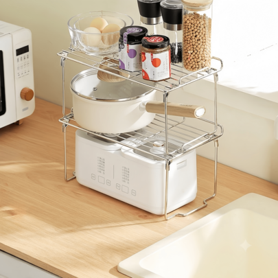 Single Layer | Double Layer Foldable Stainless Steel Storage Rack, Kitchen Countertop Space-Saving Tiered Organizer, Multi-Functional, Suitable For Spice And Beverage Organization, Bowl And Plate Storage